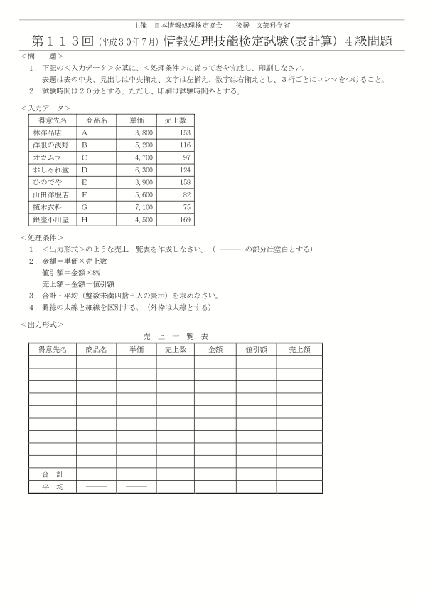 第113回 情報処理技能検定試験 表計算 4級 過去問題 解き方 平成30年7月 Sainoitnote 日検 情報処理技能検定試験 表計算